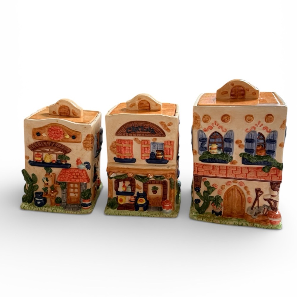 Vintage Southwestern Pueblo Adobe Village Ceramic Cannister Set